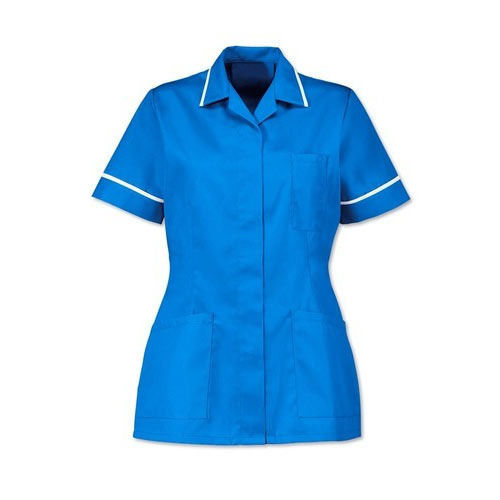 Collar Neck Half Sleeve Plain Blue Cotton Nurse Tunic For Hospital Wear