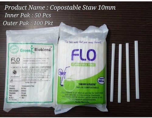 White Disposable 100% Compostable 10 Mm Drinking Straw Pipe For Hotel, Shop, Parties