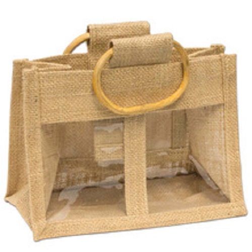 Brown Light Weight And Very Spacious Jute Cosmetic Bag With Clear Pvc Window