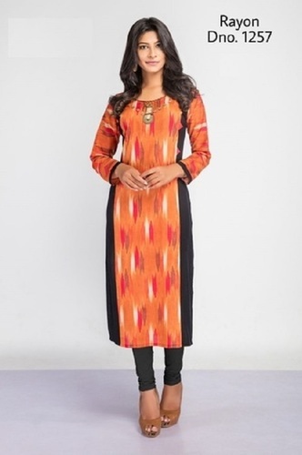 100% कॉटन ऑरेंज (नारंगी) और काला सिंगल लेयर कैज़ुअल वियर क्रेप कुर्ती डेकोरेशन मटीरियल: सेक्विन