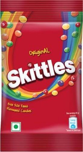 100% Pure Vegetarian Skittles Original Bite Size Fruit Flavour Candies Fat Contains (%): 1 Grams (G)