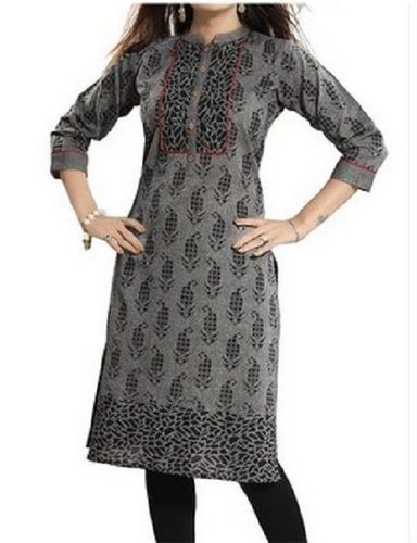 Red Anti Wrinkle Printed V Neck Cotton Knee Long Length 3/4Th Sleeve Kurti For Ladies