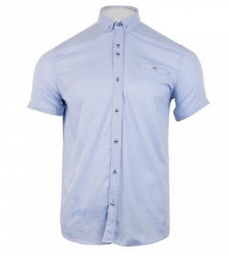 Blue Collar Neck Designer Half Sleeve Casual Wear Cotton Plain Shirt For Mens