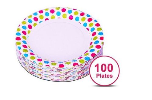 White Disposable 23 Cm Polka Dot Printed Paper Plates For Party, Hotel (100 Piece Pack)