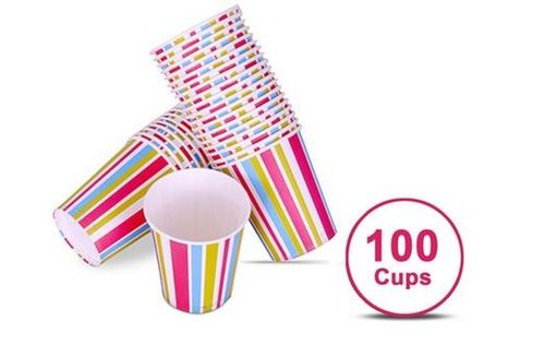 White Disposable Stripe Printed Paper Tea/Coffee Cups (100 Piece Pack) For Party, Hotel