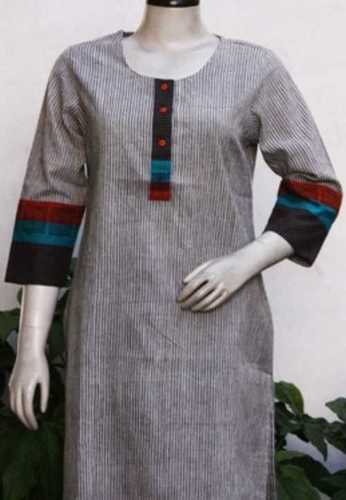 Grey Printed Stitched 3/4th Sleeve Ladies Kurti - Cotton Fabric, Size S, M, L, XL, Color Gray | Breathable, Washable, Comfortable Fit