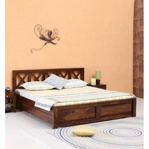 Polished Fine Finish Designer Brown Antique Wooden Bed With Storage