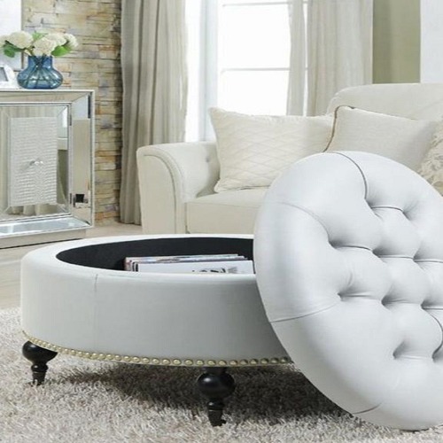 White Round Comfortable Button Pouf With 4 Inches Wooden Legs And Storage