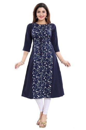 Womens 100% Pure Cotton Blue And White Formal Wear Printed Kurti