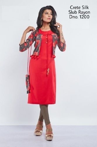 Womens Cotton Red Casual Wear Fancy Kurti With Coat Design