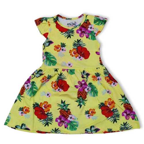 Yellow Colour Cotton Frock With Red And Pink Colour Flower Design