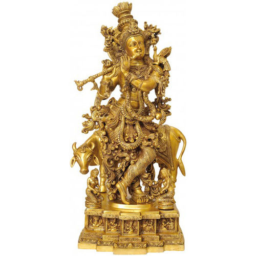 Metal Lord Krishna With Cow Decortive Brass Made Statue