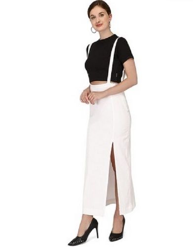 White And Black Full Length Plain Polyester Sheer Skirt Dungaree For Women, Set Content 1 Dungree , 1 T-Shirt