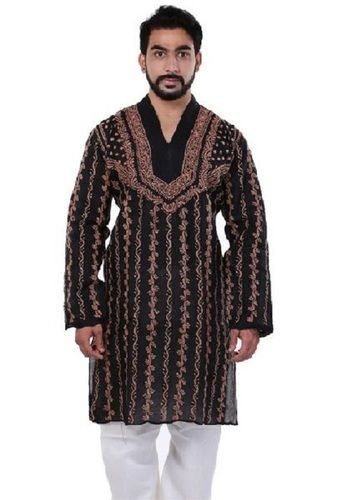 Quick Dry Mens Party Wear V-Neck Full Sleeves Black And Orange Printed Kurta