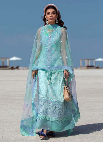 Mykonos Sky Aqua Blue Color Original Pakistani Suit For Women With Beautiful Embroidery  Decoration Material: Paint