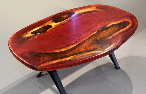 Firey Red Epoxy Resin Coffee Table With Bright Ms Steel Stand And Thickness Of 1.3 Inch No Assembly Required