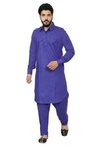 Full Sleeves Casual Wear Blue Color Mens Cotton Kurta Pajama Set