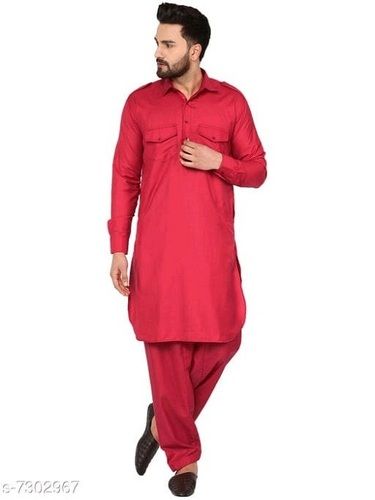 Full Sleeves Red Color Casual Wear Cotton Kurta Pajama For Mens