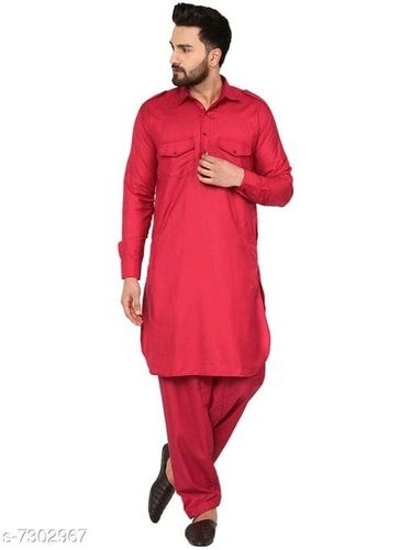 Full Sleeves Red Color Casual Wear Cotton Kurta Pajama For Mens Age Group: 19