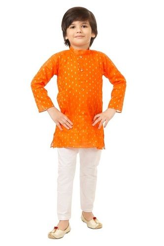 Plain Pattern Full Sleeves Orange Color Cotton Kurta Pajama Set For Boys Kids