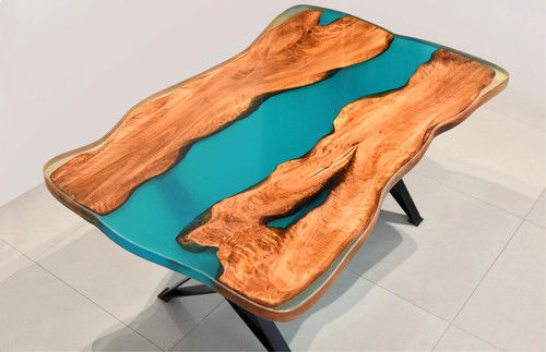Rectangle Shape River Blue Epoxy Resin Coffee Table with Metal Base
