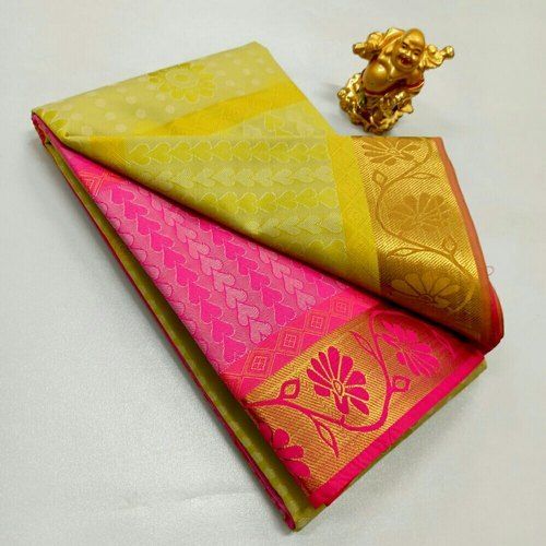 Kanchi Pattu Sarees - Parrot green kanchipuram silk saree in pink zari  border from manufacturer at kanjivaram silks. 🛒 Click the link to see  prices & designs : https://kanjivaramsilks.com we make wedding