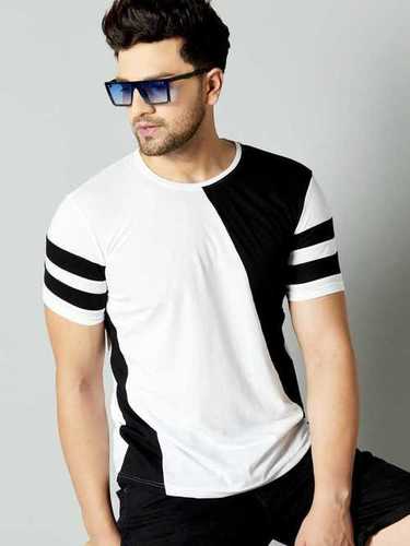 Plain Dyed Men'S Casual Half Sleeves Stripy Black & White T-Shirt Age Group: 18 To 25