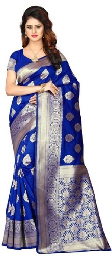 Banarasi Poly Silk Saree - Cotton Silk Fabric, Blue Color, Printed Pattern | Stylish, Wrinkle-Free, Perfect for Gifting, Comfortable for All Seasons