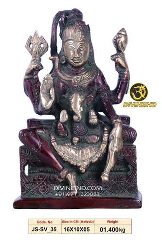 चतुर्भुज भगवान शिव बेबी गणेश पीतल की मूर्ति के साथ एंटीक लाल गोल्ड फ़िनिश और आयाम 16x10x5cm