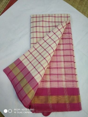 Daily Wear Cream Colour Cotton Saree With Pink Colour Checked And Pink Colour Zari Border