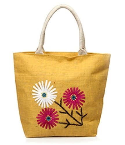 Embroidered Light Weight And Spacious Yellow Jute Bag For Daily Wear