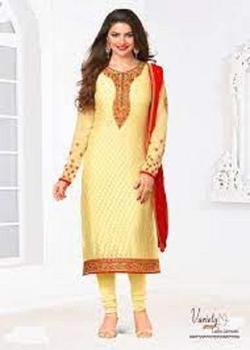 Classic Full Sleeves Yellow Color Cotton Suit With Ethnic Pattern For Women