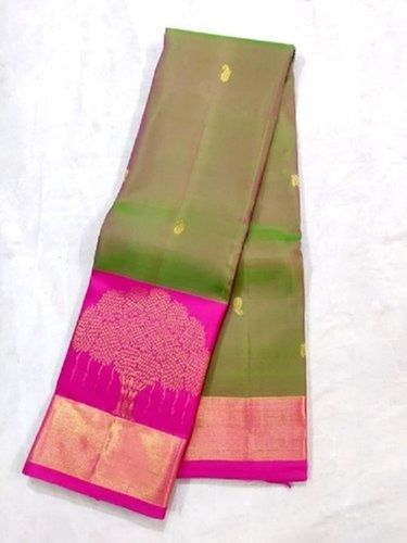 Traditional Green Colour Pure Kanchipuram Silk Saree With Pink Colour Border And Pallu