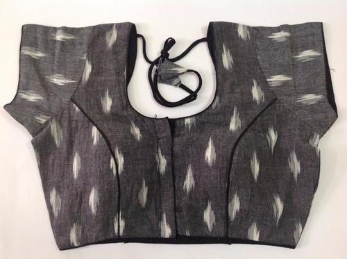 Grey Color Cotton Printed Short Sleeves Blouse With Attached Dori