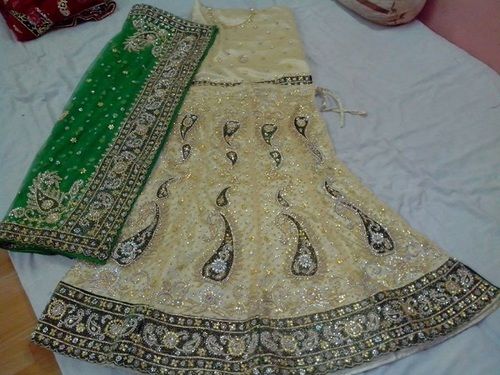 Indian Ladies Cream Color Wedding Wear Zardosi Handwork Net Satin Lehenga Choli