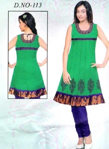 Washable Ladies Green Sleeveless Round-Neck Casual Wear Printed Cotton Kurti