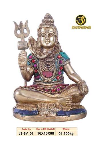 Polishing Lord Shiva Handmade Brass Statue 1.30 Kg With Inlay Work And Green Red Blue Gold Finish