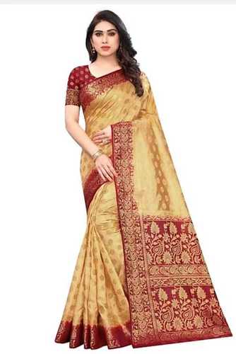 Womens Cotton Silk Party Wear Golden And Red Border Banarasi Saree