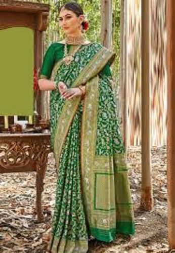 Cotton Silk Banarasi Party Wear Patch Work Printed Green Ladies Saree