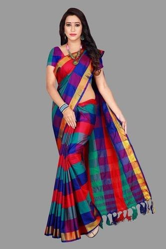 Multi Color Cotton Silk Multi-Color Checkered Printed Daily Wear Ladies Saree