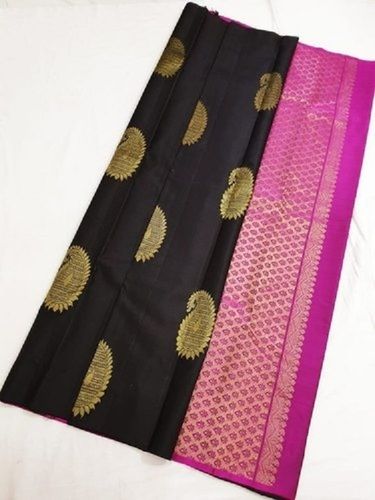 High Design Black Pure Silk Saree With Pink Border And Pallu Butta Design
