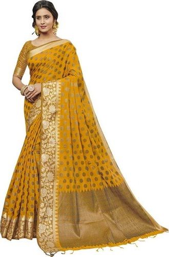 Ladies Cotton Silk Casual Wear Printed Stone Work Woven Chanderi Yellow Saree