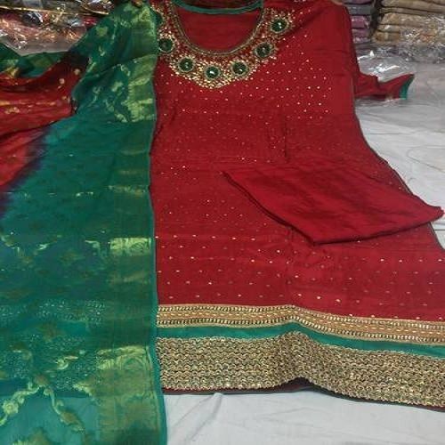 Red Color Thread Work Casual Wear Unstitched Ladies Suit With Soft Dupatta