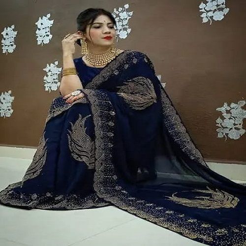 Stylish Navy Blue Saree For Ladies(zari Work Border)