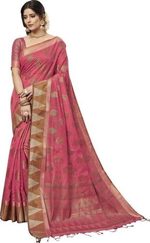 Formal Woven Chanderi Pink Cotton Silk Saree For Party Wear