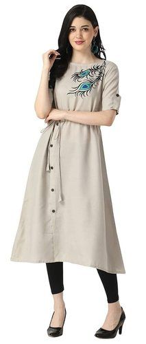 Grey Color 3-4th Sleeve Embroidery Style Ladies Kurti For Casual Wear