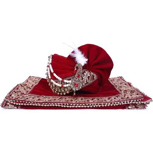 Mens Maroon Sherwani Turban With Heavy Embroidery(Machine Made) Use: Wedding Wear