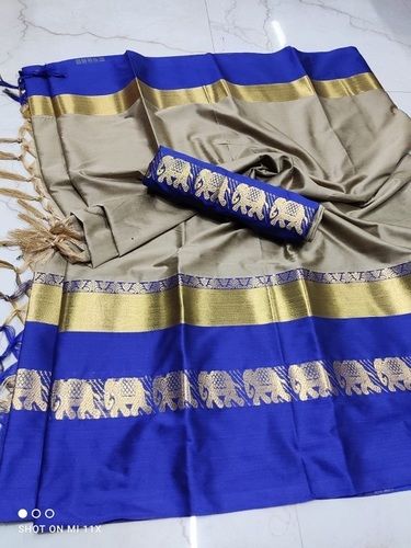 Blue And Grey Color Cotton Silk Saree With Unstitched Blouse Piece For Ladies