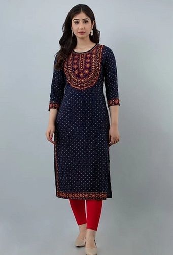 Blue Color Dot Printed Women Embroidered Cotton Straight Kurti Decoration Material: Paint