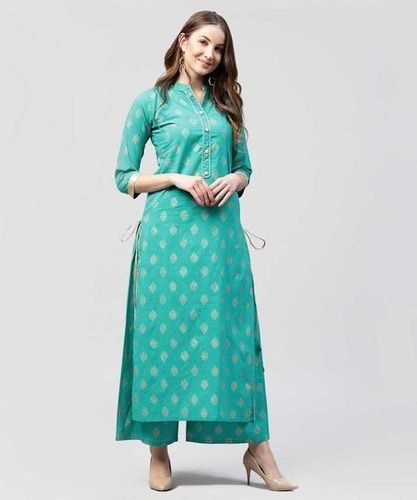 Green Color Printed Straight Cotton Gold Print Kurti For Ladies Decoration Material: Paint